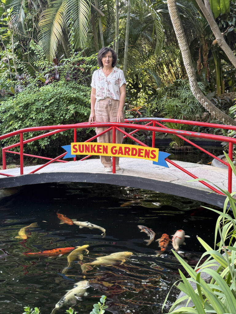 A picture of myself standing next to the koi pond at Sunken Gardens.